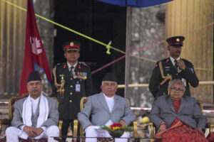 Nepalese president ram chandra poudel center and and new prime minister sushila karki right attend the oath swearing ceremony for ministers.jpg