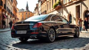 Sleek black sedan on cobblestones.jpg