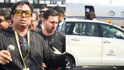 Event organiser satadru dutta with messi at salt lake stadium r the car in which he waited on the tarmac after being deplaned.jpg