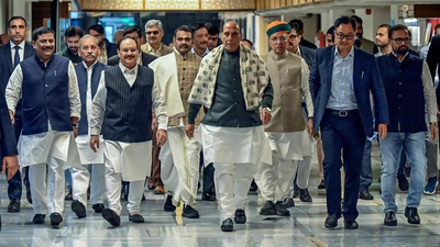 Rajnath singh and other nda functionaries arrive for the floor leaders meet at parliament house on sunday.jpg