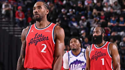 Kawhi leonard 2 and james harden 1 of the la clippers during the game against the utah jazz on january 1 2026 at intuit dome in los angeles california.jpg
