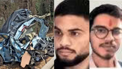 Mangled remains of the vehicle in which the trio was returning to city omkumar borse shreyansh sharma.jpg