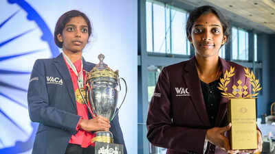 Vaishali with women39s grand swiss trophy on the left and with women39s candidates title on the right photo by michal walusza.jpg