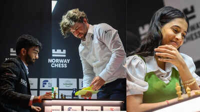 D gukesh magnus carlsen and divya deshmukg photo by michal walusza for norway chess.jpg
