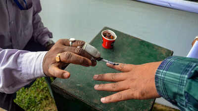 Dibrugarh an election official marks the finger of a polling official with inde.jpg